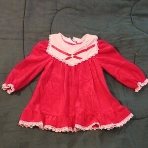 Vintage Red Velvet Baby Dress with Lace Trim